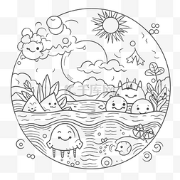 圆形着色页与可爱的卡通动物在海