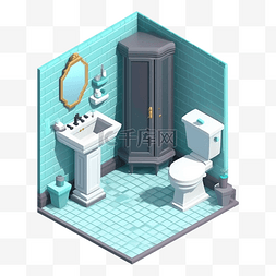 插画手机模型图片_3d房间模型浴室蓝绿色图案