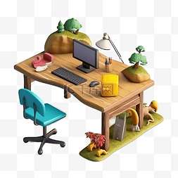 桌子书桌图片_电脑桌办公桌可爱卡通立体插画