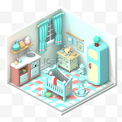 3d房间模型婴儿房彩色旗格地板图