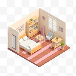 3d房间模型米白色墙体褐色地板立