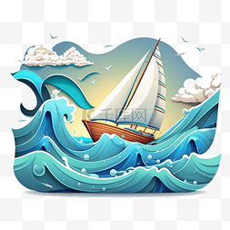 夏天海浪帆船卡通风格