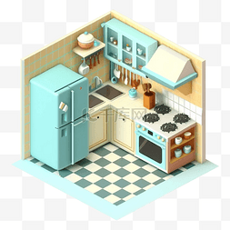 建筑立体插画图片_3d房间模型厨房黄绿色图案