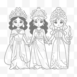 三位希腊女神着色页轮廓素描 向