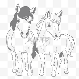 两匹马在白色背景上着色页轮廓素