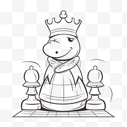 线条国际象棋图片_戴着皇冠和棋盘的卡通人物，棋盘
