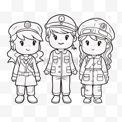 三个穿着制服的小孩一起涂色轮廓