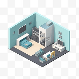 3d房间模型蓝色灰色等距立体