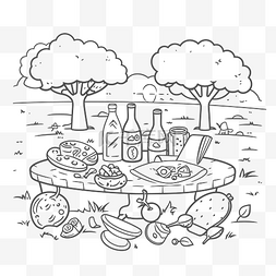 自然环境线条图片_带饮料轮廓素描的野餐着色页 向