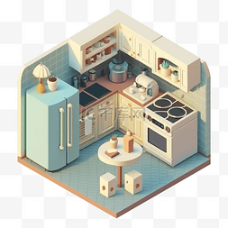 3d房间模型厨房蓝色图案