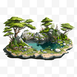 3d卡通大树图片_3d森林环境模型流水岩石