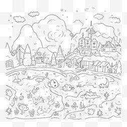 鱼儿童图片_黑白着色页显示鱼和村庄轮廓草图