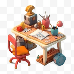 桌子书桌图片_办公桌椅子可爱卡通立体插画