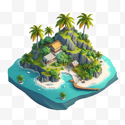 海上岛屿图片_海上的岛屿别墅棕榈树等距风格25d