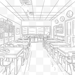 有书桌和桌子的学校房间轮廓素描