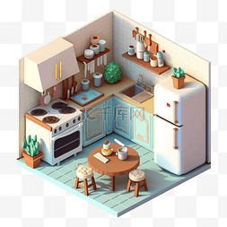 3d房间模型厨房蓝白色整洁