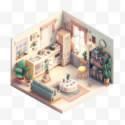 绿色沙发书架粉色家具起居室等距