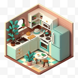 卡通立体建筑图片_3d房间模型厨房粉绿色图案