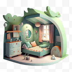 卡通绿色房间图片_房间模型立体绿色图案