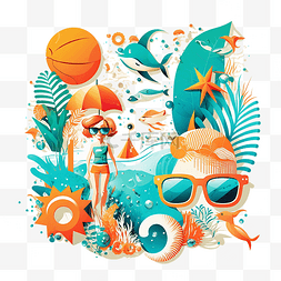 游泳救生圈卡通图片_夏季女孩和海豚