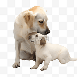 导盲犬拉布拉多犬妈妈与幼犬亲昵