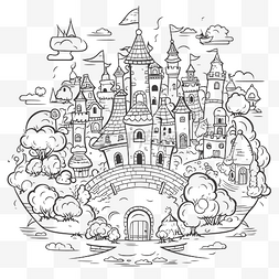 树屋线条图片_岛上的涂鸦城堡和树着色页轮廓素