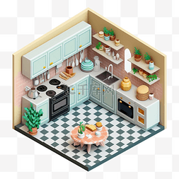 3d房间模型厨房格子地板整洁图案
