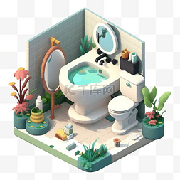 3d房间模型浴室白色花草图案