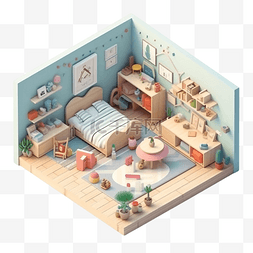 3d模型卡通床图片_卧室床家具书桌3d卡通