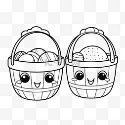 篮子鸡蛋卡通图片_两个带卡通脸和鸡蛋的篮子着色页