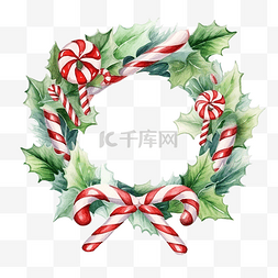圣诞冬青花环与拐杖糖水彩插图