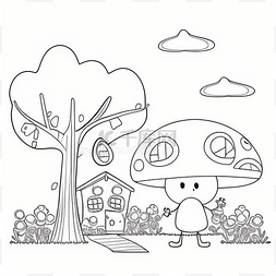 上和树房子图片_站在房子和树前的蘑菇的彩页 库