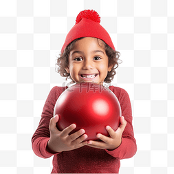 孩子拿着一个戴着圣诞帽的球