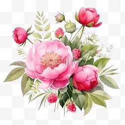 水彩粉色牡丹和野草莓花束