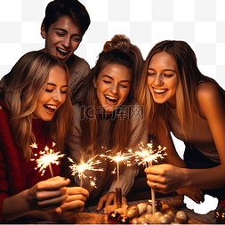 一群带着烟火的朋友在家庆祝圣诞