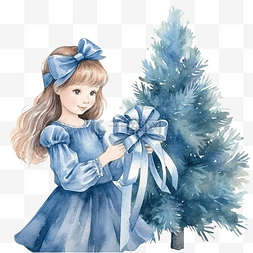 礼品盒插画图片_有松树和礼品盒的水彩蓝色圣诞卡