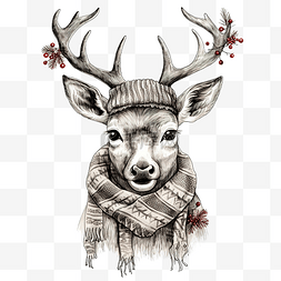 圣诞配饰矢量中鹿的手绘肖像