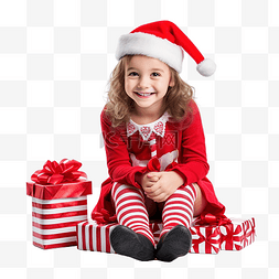 礼物盒一堆图片_穿着圣诞雨鹿服装的快乐小女孩坐