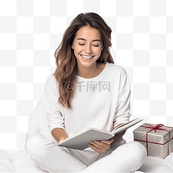 床上看书标志图片_美丽的微笑女孩在白色舒适的床上