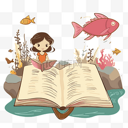 女孩与植物图片_诗歌剪贴画女孩与鱼和一本打开的