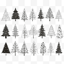 圣诞树手绘剪贴画云杉涂鸦设置单