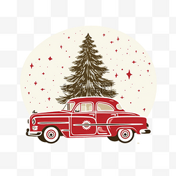 顶部有树的复古红车圣诞贺卡设计