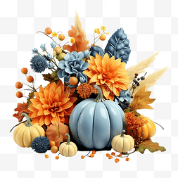 秋季花卉组合物，配有橙色和蓝色