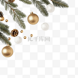 金色圣诞花图片_冷杉树枝和金色圣诞球的节日组合