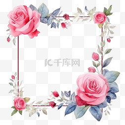 蓝色玫瑰花环图片_花卉方形框架与水彩民间玫瑰