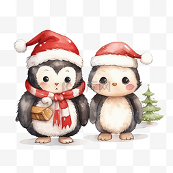 可爱的企鹅和羊在圣诞老人服装水