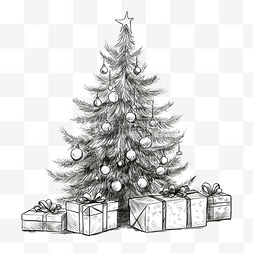 设计黑白手绘插画圣诞树和礼盒