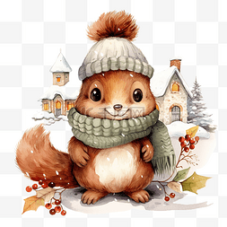 手绘松鼠图片_圣诞插画，有可爱的松鼠和舒适的