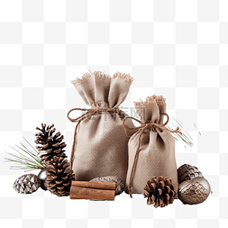 装礼物的袋子图片_复古木板上的自然圣诞装饰品，袋