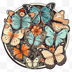 排列剪贴画中有许多蝴蝶的小圆圈